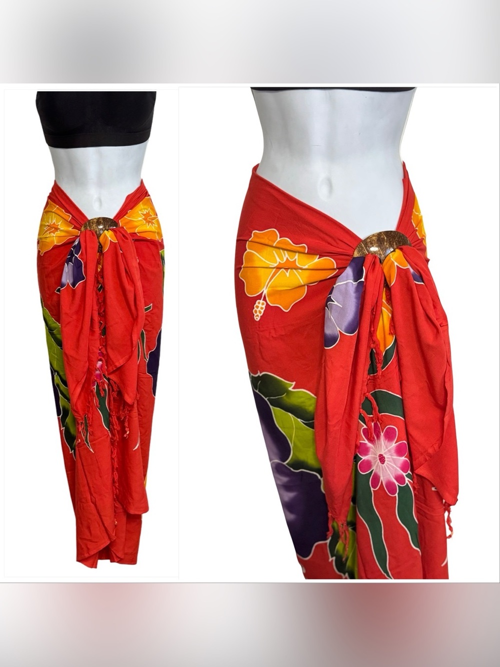 Red Floral Tie-Waist Sarong Beach Cover-Up